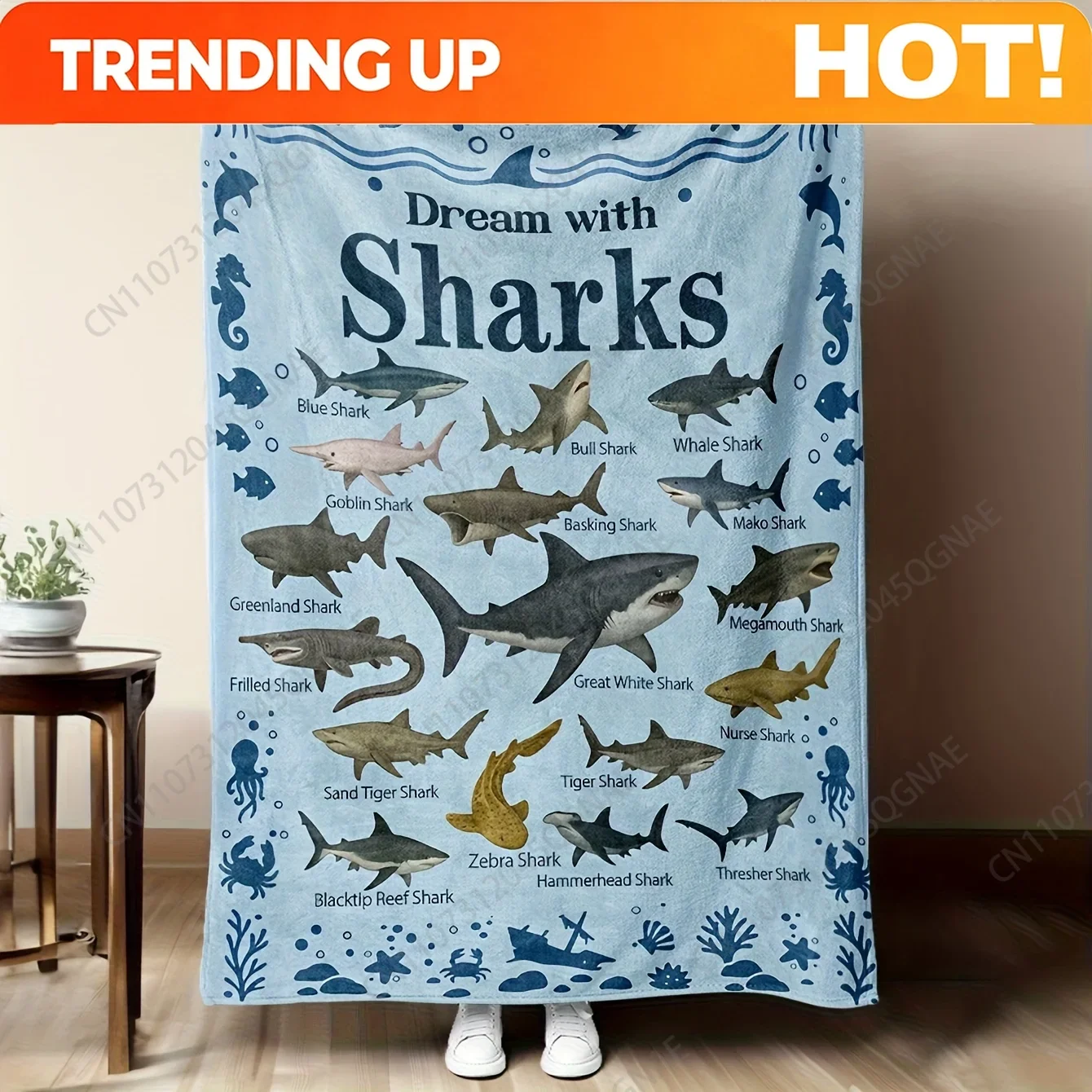 Custom 1pc Shark Blanket | Soft Comfortable Flannel Throw With Marked Shark Species, Ocean-Themed Bed And Sofa Cover, Unisex Roo