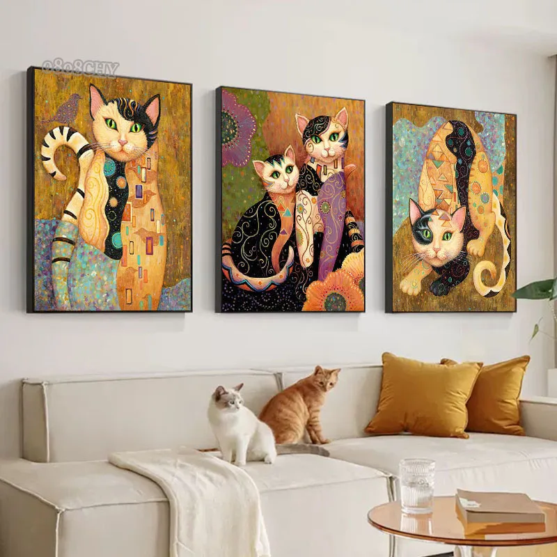 Gustav Klimt Style Cats Abstract Art Canvas Painting Cute Pet Cat Graffiti Art Posters and Prints Wall Art Pictures Home Decor