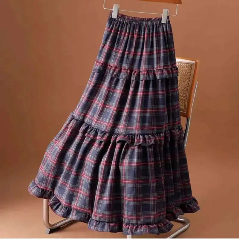 Korea Chic Purple Clothing Spliced Design High Waist A-line Skirt Loose Sweet  Spring Red Ruffled Skirt