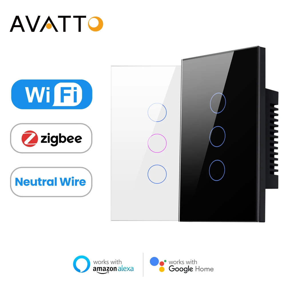 AVATTO Tuya WIFI/Zigbee Smart Light Switch Neutral Wire Required Wall Touch Switch,Work With Alexa, Google Home