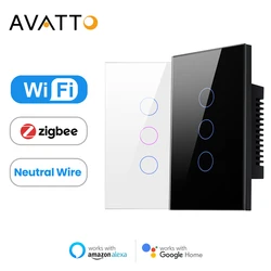 AVATTO Tuya WIFI/Zigbee inteligentny włącznik światła neutralny przewód wymagany włącznik dotykowy na ścianę, praca z Alexa, Google Home