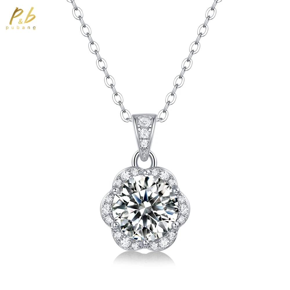 

PuBang Fine Jewelry Real 925 Sterling Silver 3EX VVS1 D Color 2 Carat Moissanite Diamonds Gems Flower Pendant Necklace Wholesale