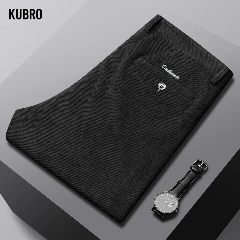 KUBRO-ropa de tela de pana para Hombre, pantalones Cargo elegantes y versátiles, holgados, rectos, cálidos, de alta calidad, para oficina, Otoño e Invierno