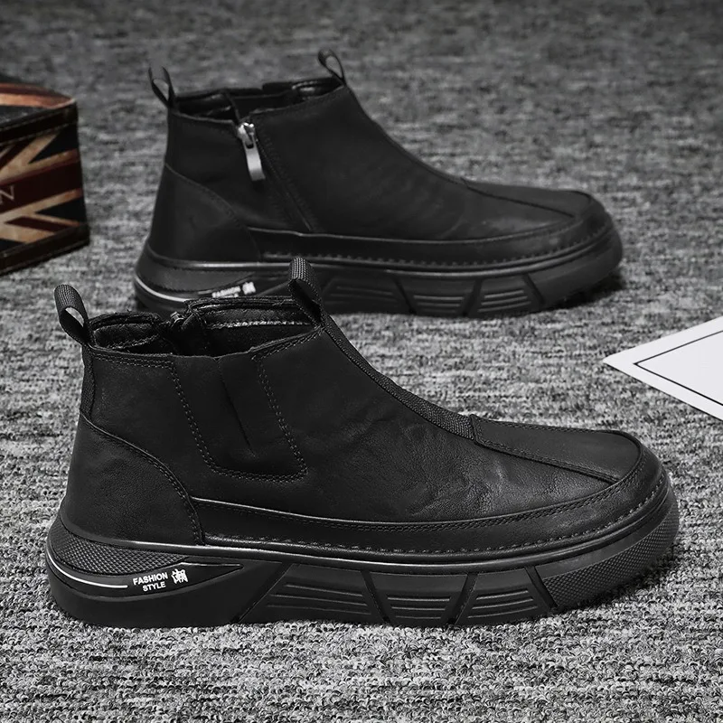 

Botas Men Business Slip-On Leather Boots British Chelsea Platform Ankle Boots Brand Man Luxury High Top Boots Versatille Hombre