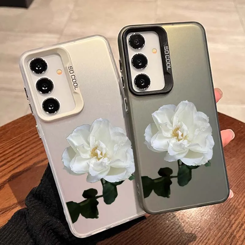 White Rose Flower For Samsung Galaxy A15 A14 A13 A12 A11 A10 A06 A05 A04 A03 A02 A04s A04e Colored Silver Phone Case
