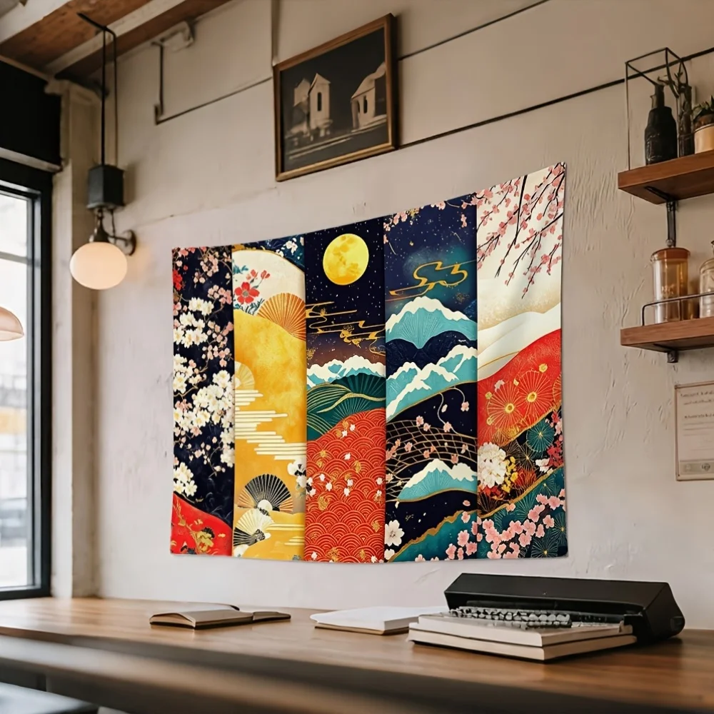 Japanese Ukiyo-e Patchwork Tapestry Wall Hanging, Fuji Mountain Cherry Blossom Moon Fan Vintage Art for Bedroom Living Room Home