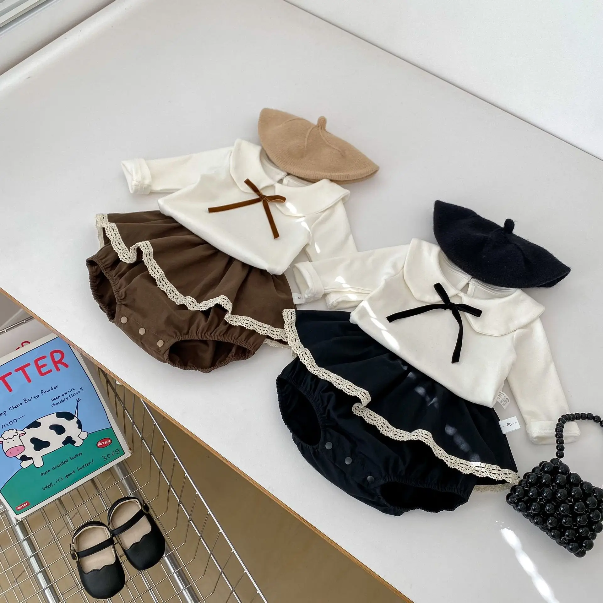 

New Baby Girl Autumn Sweet Suit Bow Lapel Long-sleeved Shirt Lace Fart Culottes Two-piece Set fashion casual baby