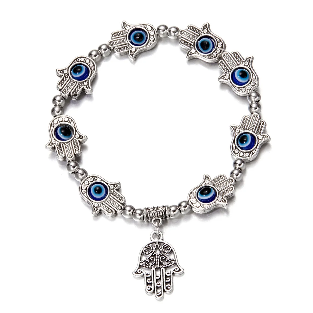 Vintage Hamsa Hand Fatima Evil Eyes Beaded Bracelet For Women Men Trendy Ethnic Turkish Lucky Demon Eye Palm Hand Bangle Jewelry