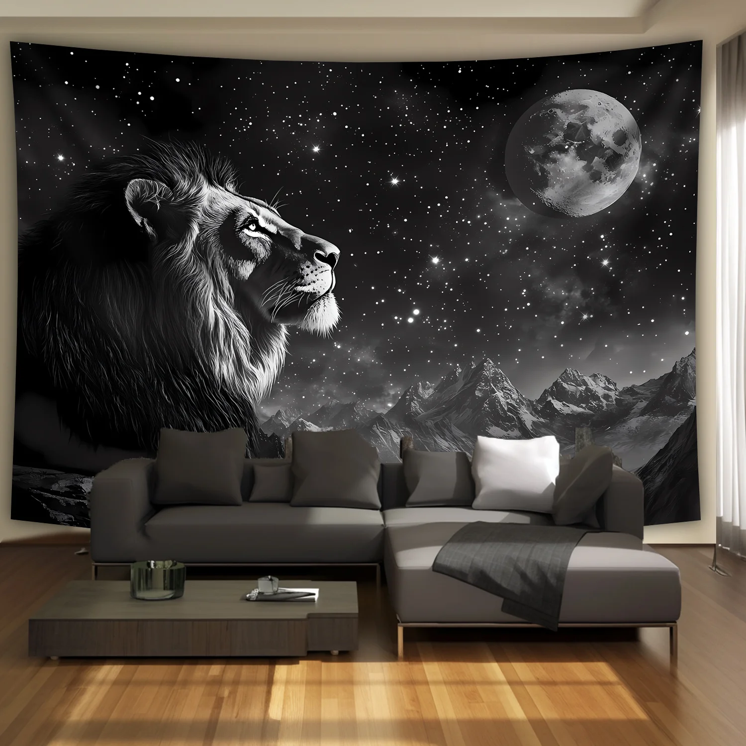 Majestic Lion Starry Night Tapestry Wall Hanging Galaxy Moon Mountain Safari Decor Bohemian Jungle Animal Landscape Artwork Room - view 2