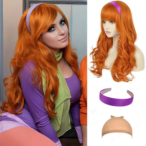 Imagen 1 del producto Peluca naranja rizada larga sintética + peluca Daphne con diadema morada, peluca marrón con flequillo + gafas + lupa peluca Velma para Halloween