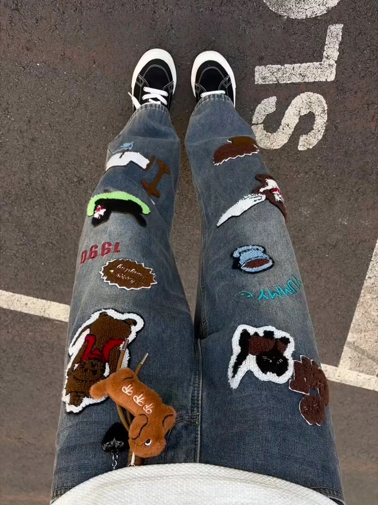 

Retro Blue Cartoon Embroidered Men's Jeans Spring Autumn American High Street Straight Leg Micro Flare Pants Youth Faion