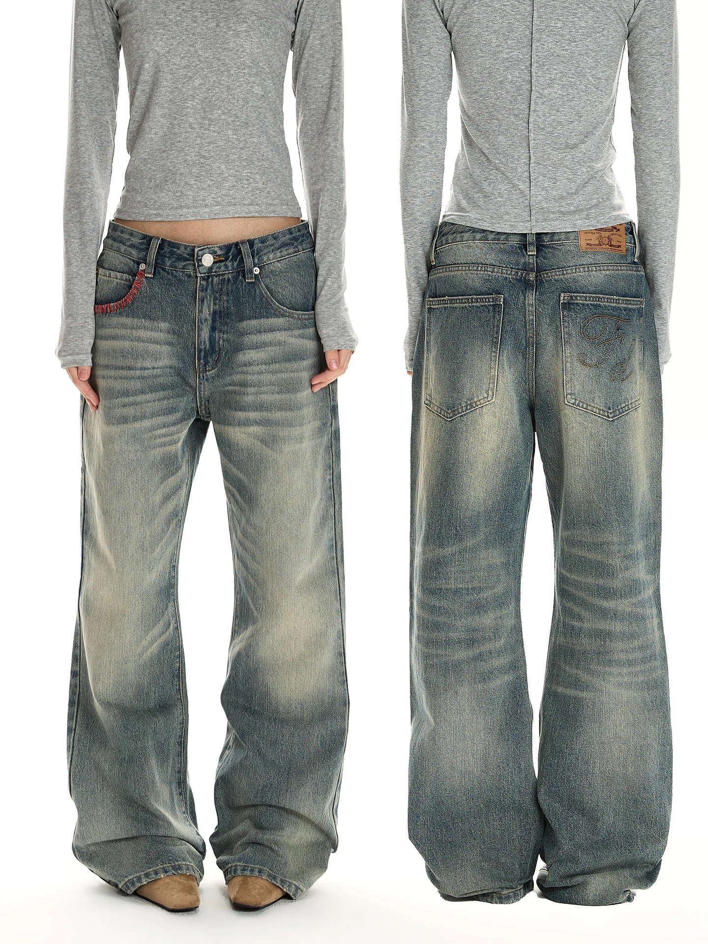 

Retro Cleanfit Classic Faded Jeans American Stitching Design Straight Leg Micro Flared Long Trousers Youth Faion Jeans