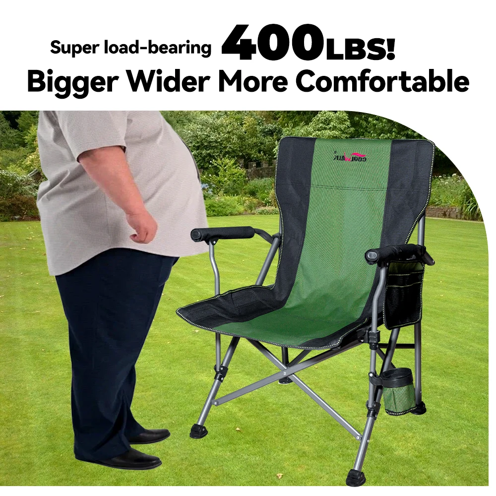 Heavy Duty Folding Camping Chair – Portable, Padded Seat, Lumbar Support, Side Pockets, Cup Holders, Ideal for Beach, Fishing