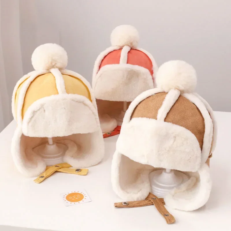 Fur Baby Hat for Girls Boys Plush Lining Winter Hat for Kids Cap with Earflap Skiing Windproof Baby Bonnet Infant Beanie 1-4Y