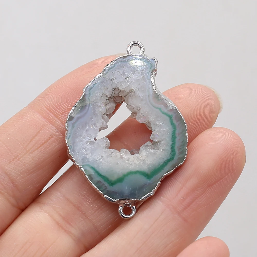 Natural Stone Irregular Shape Druzy Agate Silver Edge Pendant Connector for Making DIY Bracelet Accessories 20x30-25x35mm