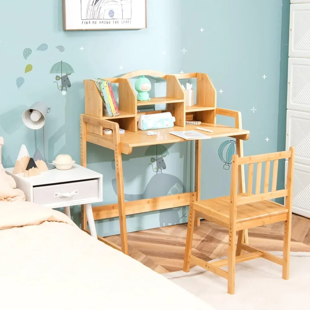 Kids Desk and Chair Set, Height Adjustable Bamboo Desk with Storage Hutch, Student Writing Computer Workstation