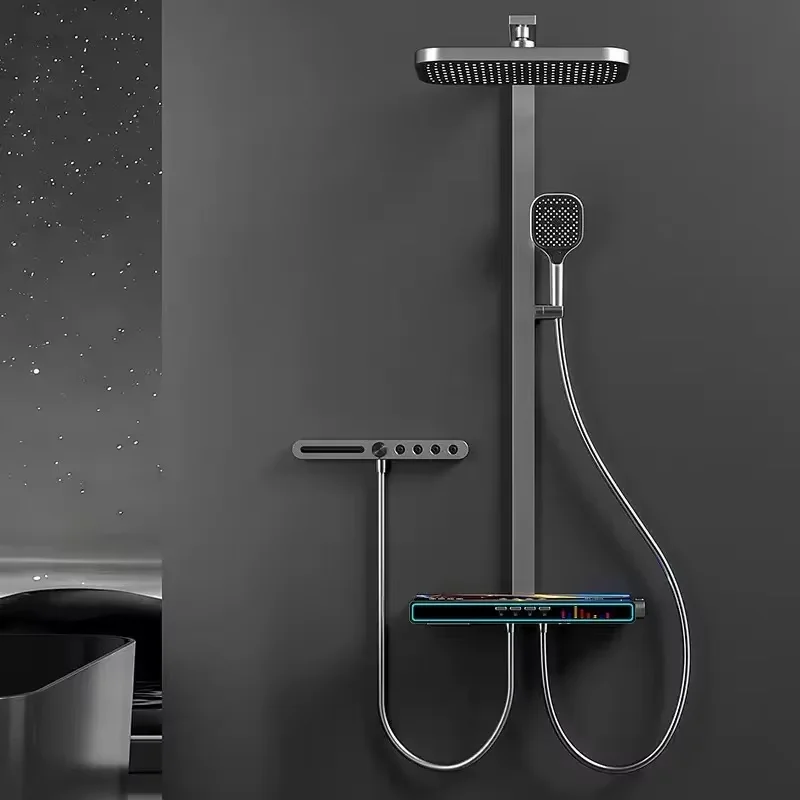 Wall-Mounted Thermostatic Valve System Bagnolux Brushed Gray Brass Rain Faucet 12