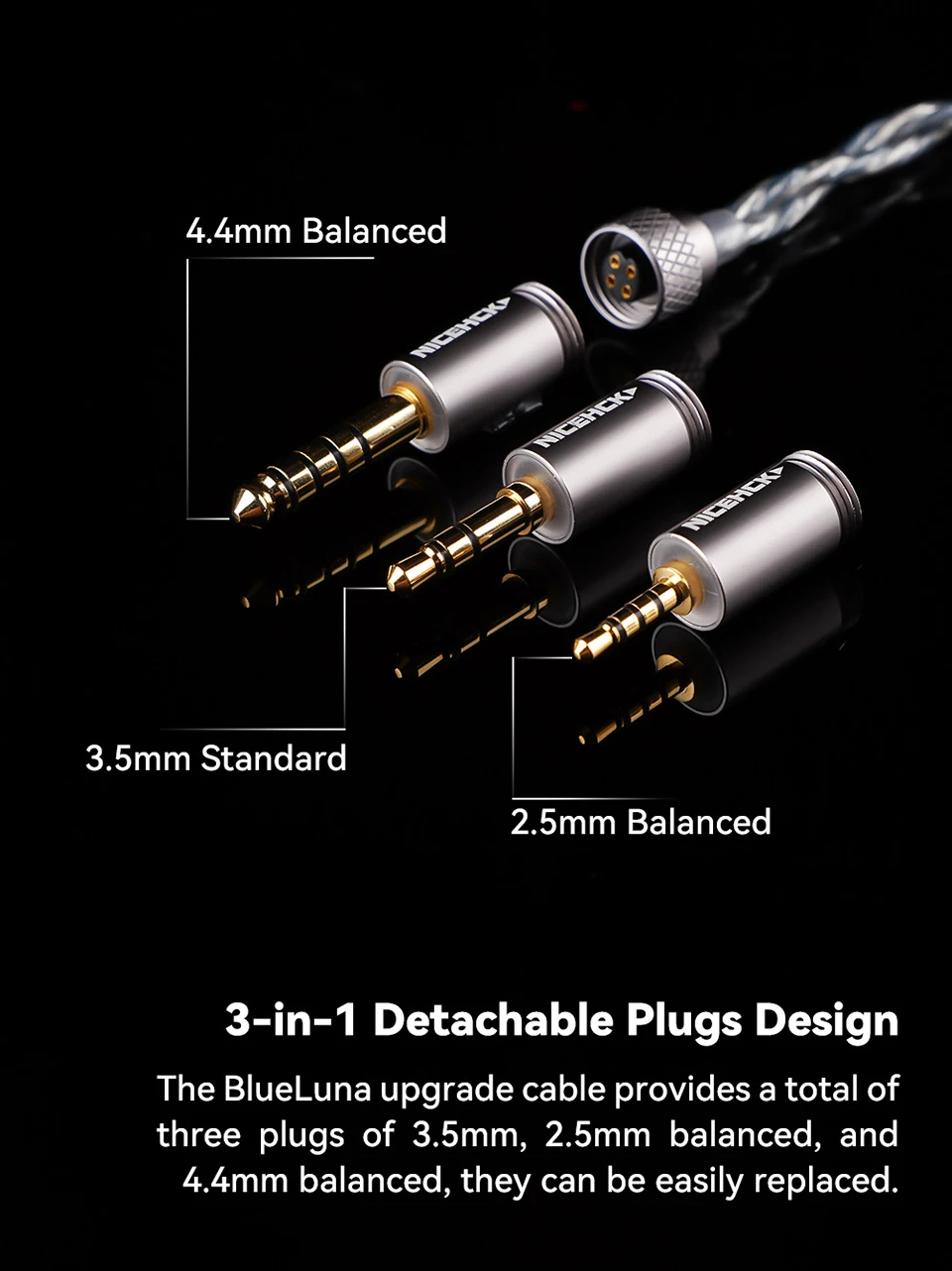NICEHCK BlueLuna versilberte OFC flache 2-polige HiFi-Kopfhörer-Upgrade-IEM-Kabel 3-in-1 abnehmbare Stecker für HIMALAYA NX8 DaVinci – Detail 4