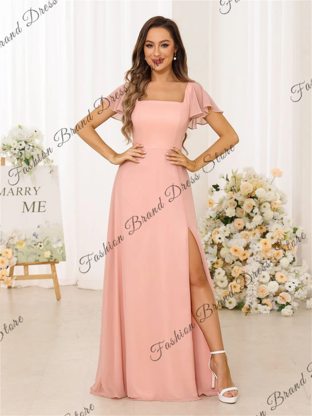 Off-the-shoulder Square Collar Chiffon Bridesmaid Dresses Shrot Sleeves Backless Corset Formal Ball Gowns A-line Long Prom Dress