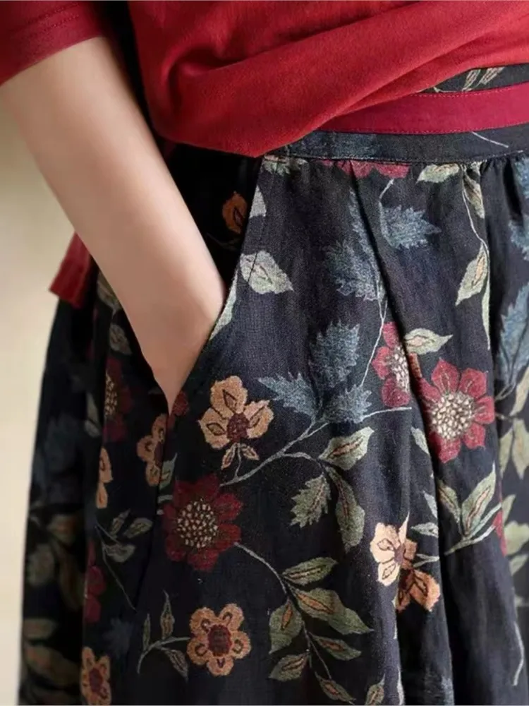 Autumn Floral Midi Skirt Women Modis Vintage Flower Print High Waist Ladies Skirts Casual Loose Ruffle Pleated Woman Skirt 2023