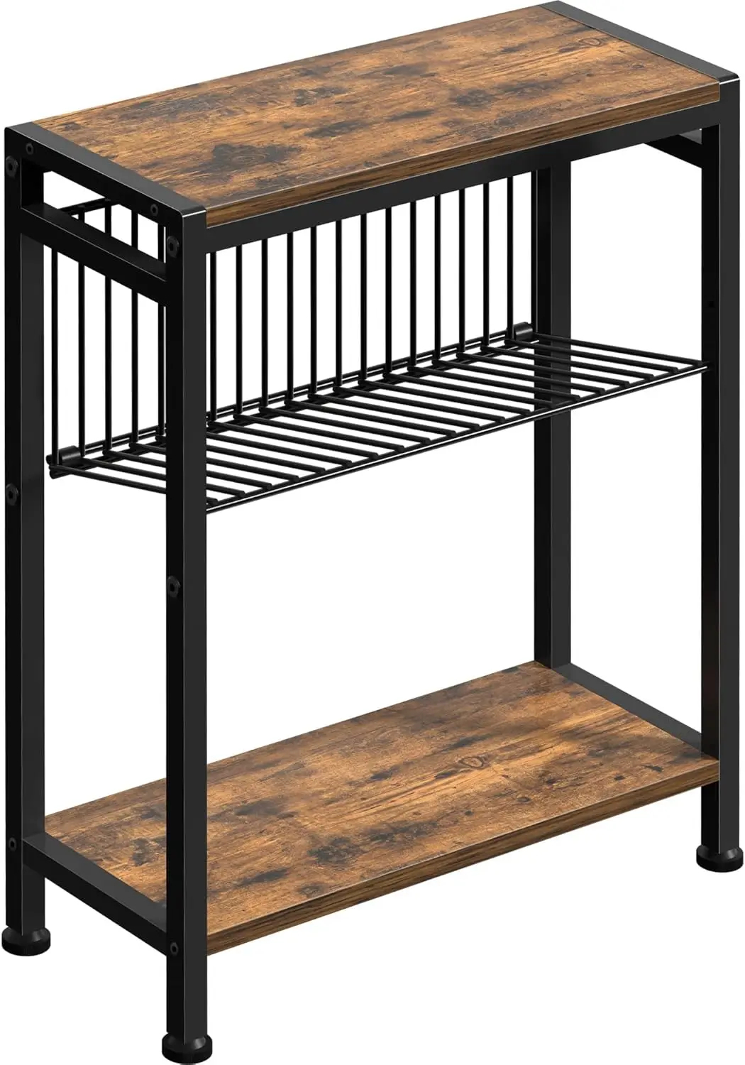 

Компактный 3-ярусный приставной столик с держателем для журналов, тонкий дизайн для небольших помещений, в деревенском стиле, коричневый и черный цвета.