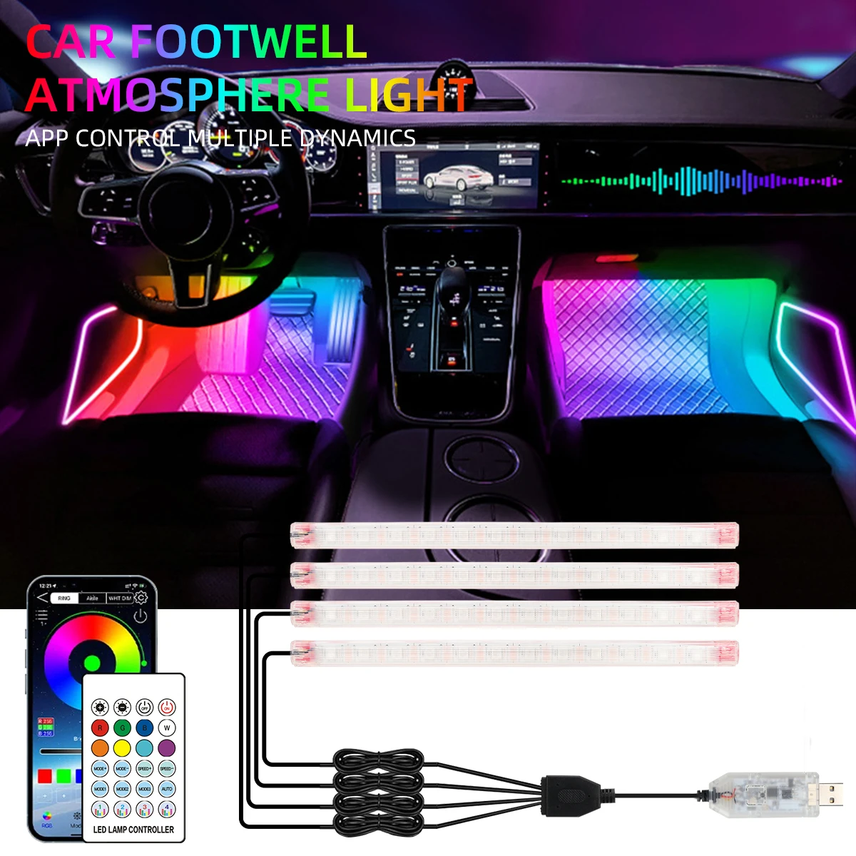 2/4in1 Neon 12/18 LED Car Interior Ambient Foot Light Wireless Remote USB APP Control Auto Rainbow Atmosphere Decorative Lamp