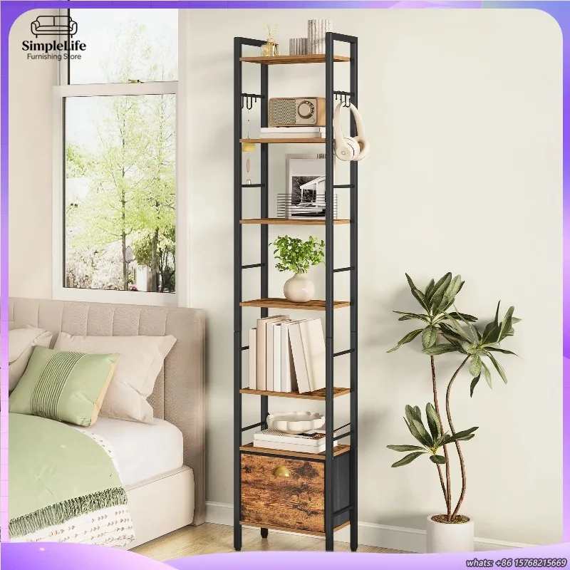 

7-Tier Open Bookcase with Foldable Fabric Drawer and 4 Wall Hooks Metal Frame Study Living Room Shelf Storage Unit