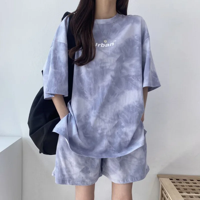 2Piece Suit Women T-Shirt Shorts Set Tie Dye Loose tshirt and wide leg middle shorts with pockets female Casual Soft Summer Sets