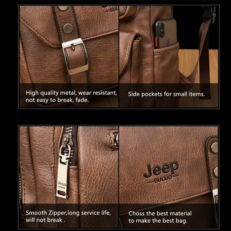 Jeep Buluo Big Brands Men\'s Leather Bags New Retro Backpack Men\'s USB Charging Trend Casual Computer Bag Travel Bag Large Space