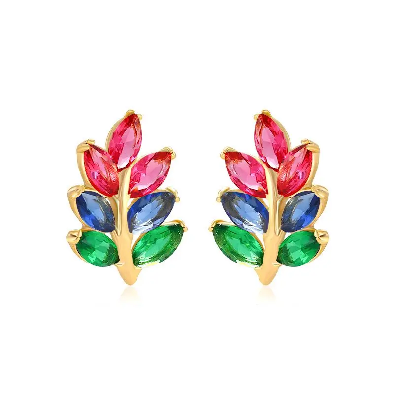 أسعار الجملة--الذهب الخالص مطلي متعدد الألوان الزركون ليف أقراط للنساء الأزياء والمجوهرات النيكل الحرة