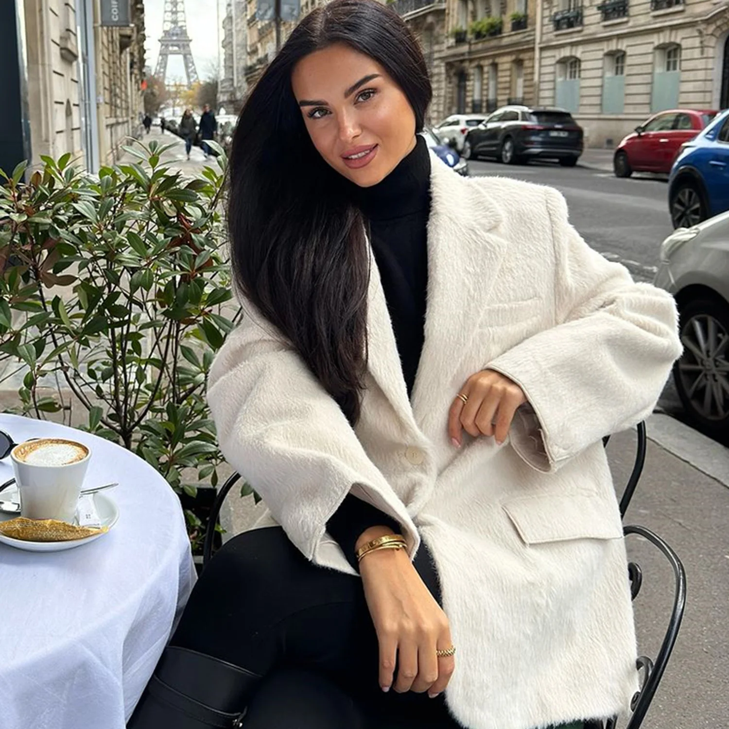Taop&Za women's 2024 autumn and winter new suit collar jacket with faux fur effect beige commuting temperament long sleeved coat