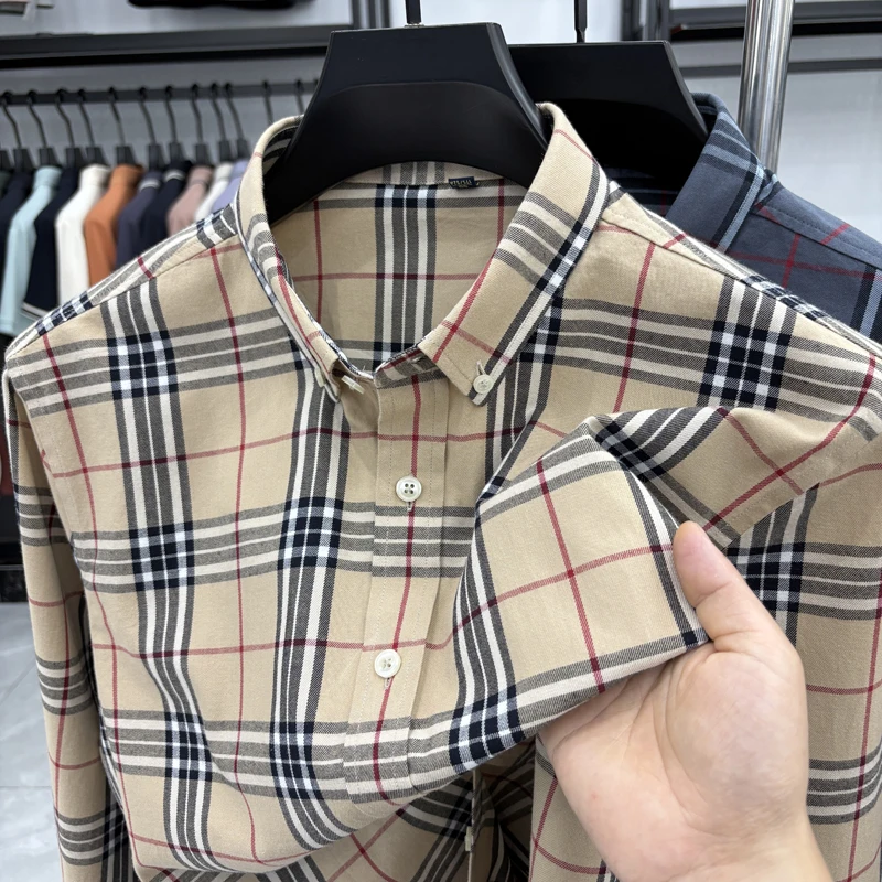 

2026 Spring & Autumn New Arrival Men's Checkered Shirt 100% Pure Cotton Flannel Khaki Color Long Sleeve Blazer