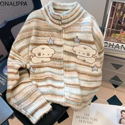 Onalippa Kawaii Cartoon dolcevita lavorato a maglia donna Cardigan delicato vento a righe sciolto Zip Up Cardigan coreano Chic disegni maglione