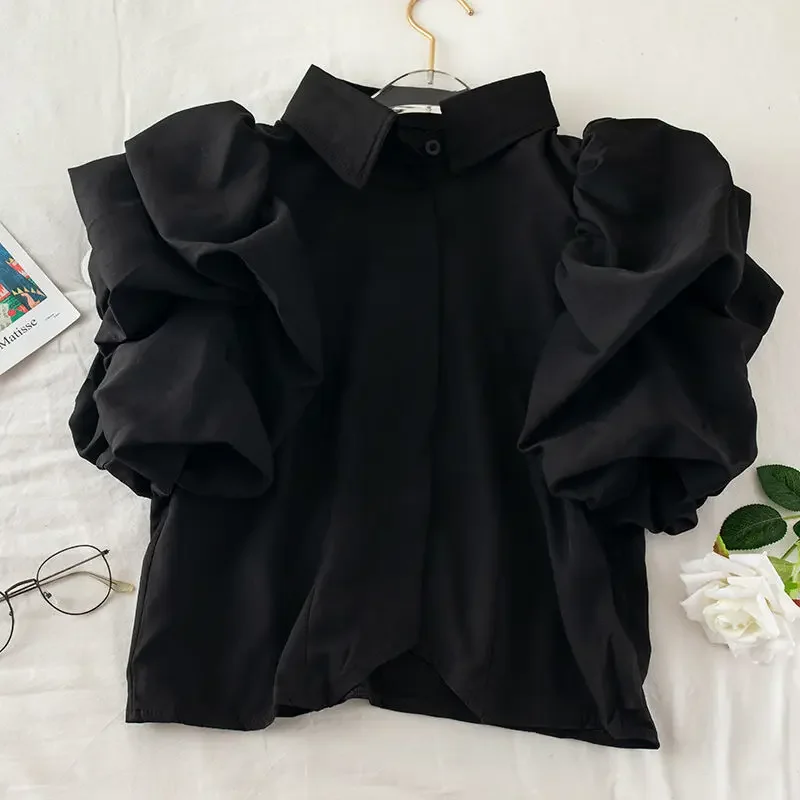 Summer Camisas Tops Mujer 2024 Shirts for Women Lantern Short Sleeve Blouse Black White Roupas Femininas Blusas Pleated Ruffled