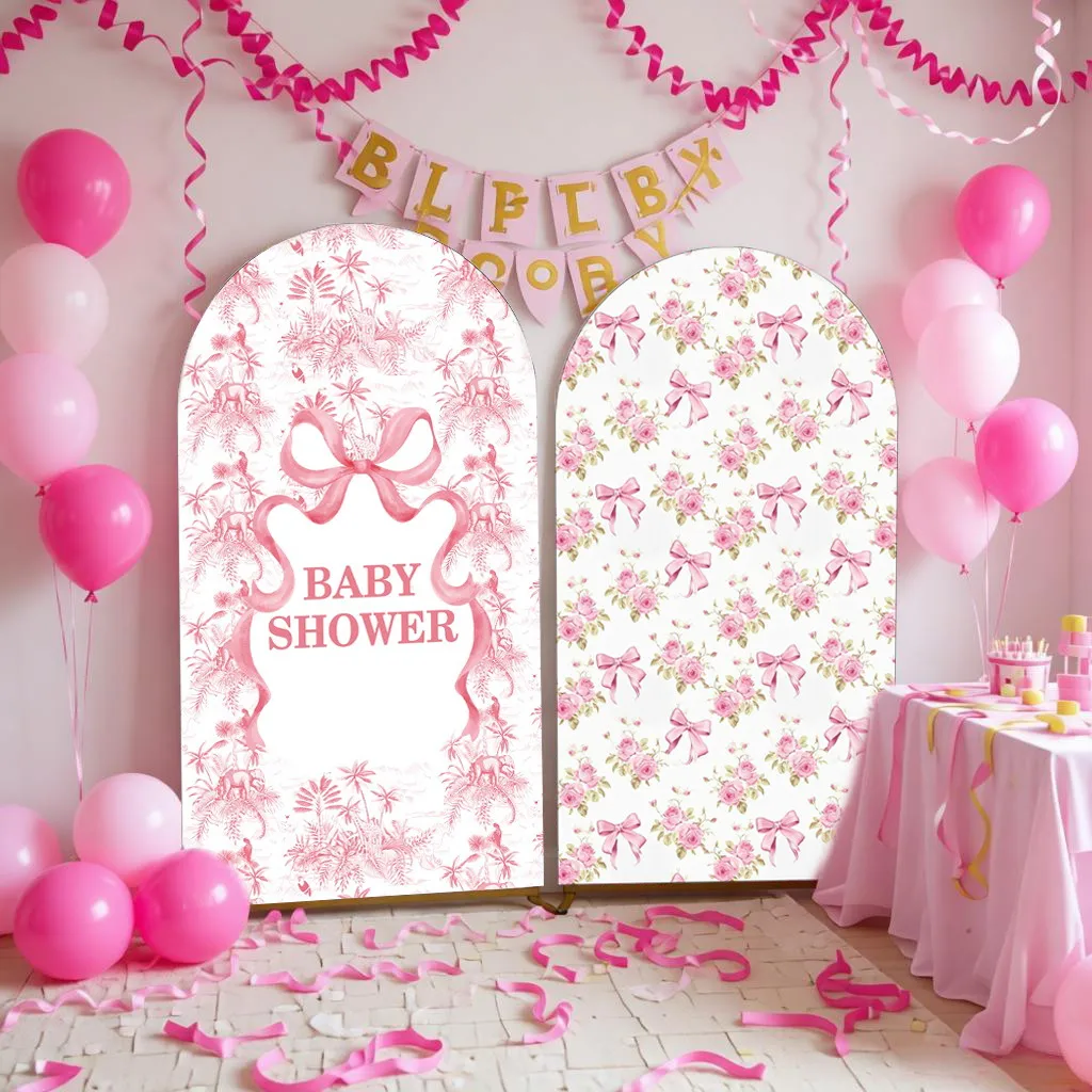Pink Bow Floral Arch Backdrop Cover for Baby Shower Girls Birthday Party Decor Customize Text Photo Elastic Arch Background