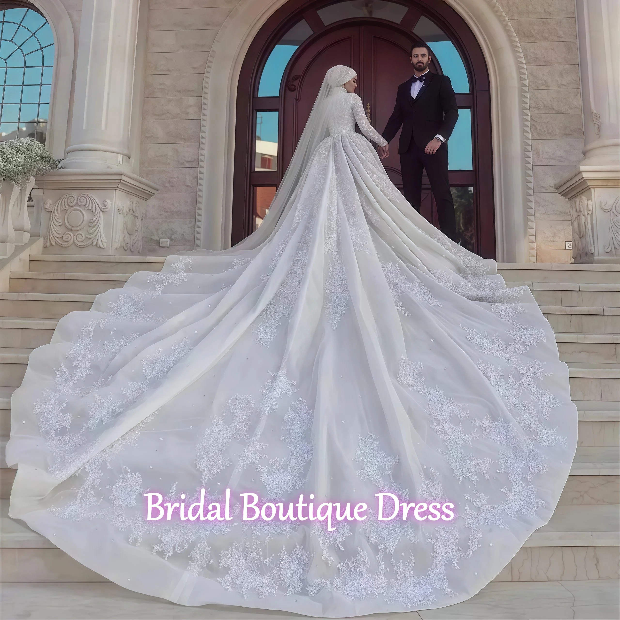 Abito da sposa in rilievo con paillettes squisito personalizzato per la sposa collo alto Dubai arabo Hijab abito da sposa musulmano Robes De Mariée