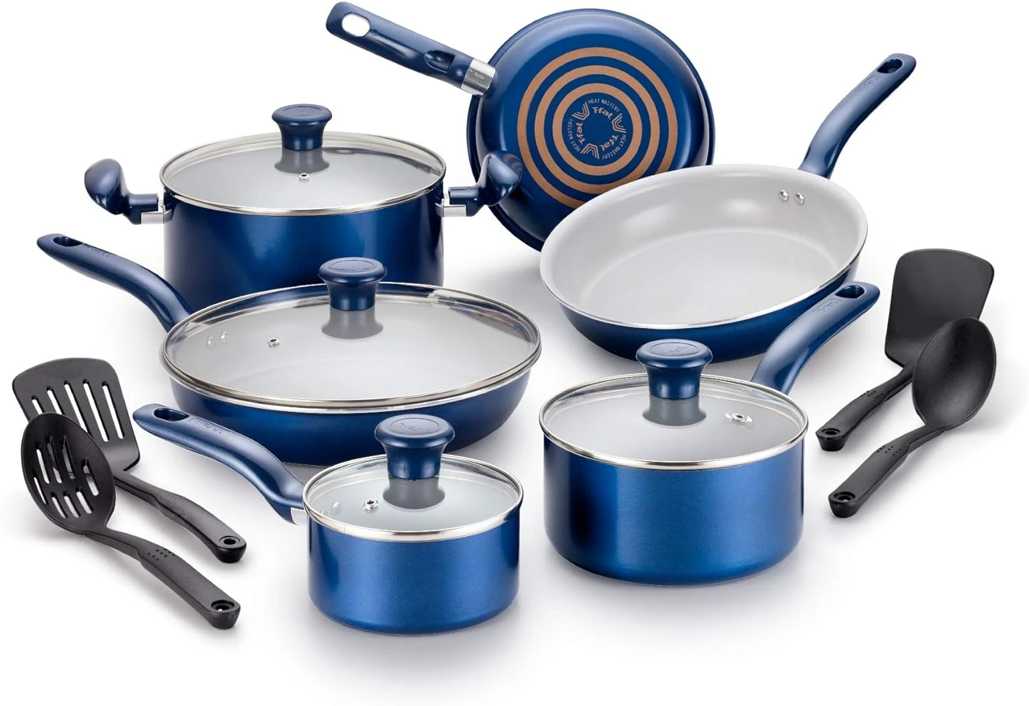 

Initiatives Ceramic Nonstick Cookware Set 14 Piece Oven Safe 350F Pots and Pans Blue