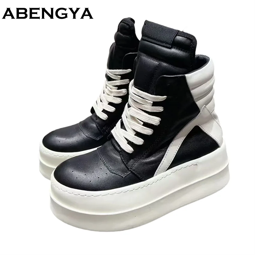 Unisex Real Leather Flat Shoes Women Men High Top Platform Short Boots Women's Casual Sneakers Ankle Boots Woman Lover's Size 46