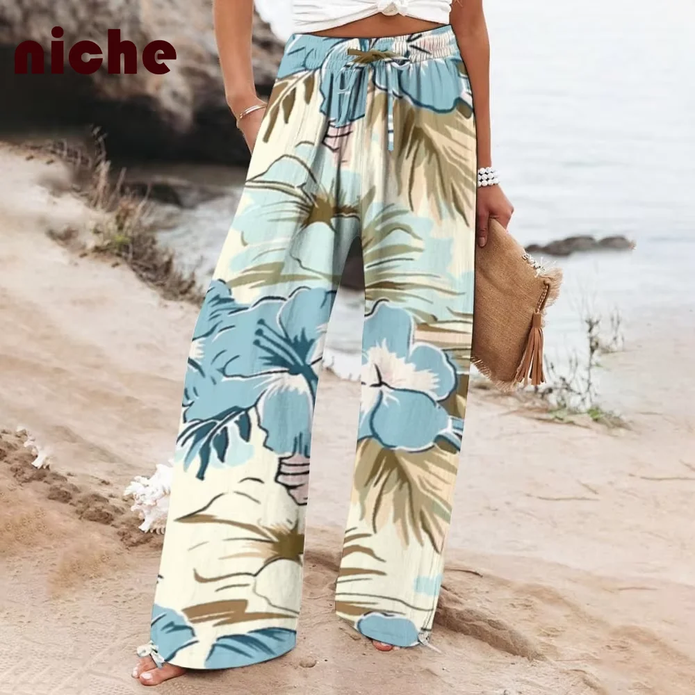 

Casual Ladies Beach Pants Flower Leaf Graphic Printing High Quality Pure Cotton Fabric Fashion Trend Loose Wide Leg Trousers