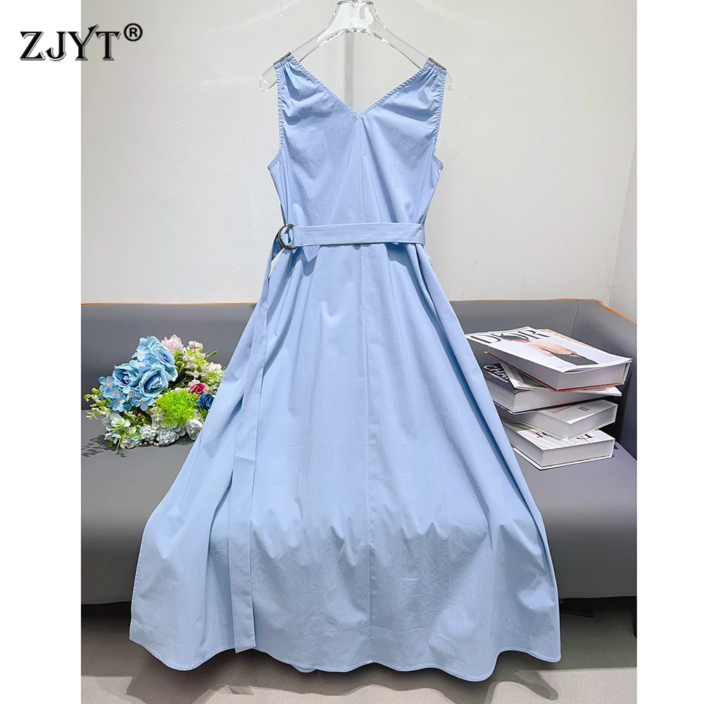 

ZJYT Runway Fashion Summer Tank Dress Women Elegant V Neck Sleeveless Casual Aline Holiday Dresses Blue Female Vestidos 2025 New