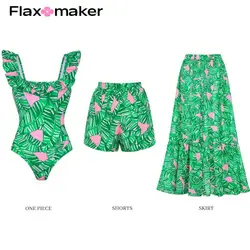 FLAXMAKER Print Decor Long Sleeve One Piece Swimsuit and Skirt  Clearance Wholesale Bodysuit Surfing wear