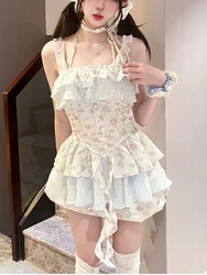 Kawaii 2 Piece Skirt Sets Women Casual Japanese Lolita Suits Y2k Crop Top Vest + Mini Skrits Floral Printed Evening Party Summer