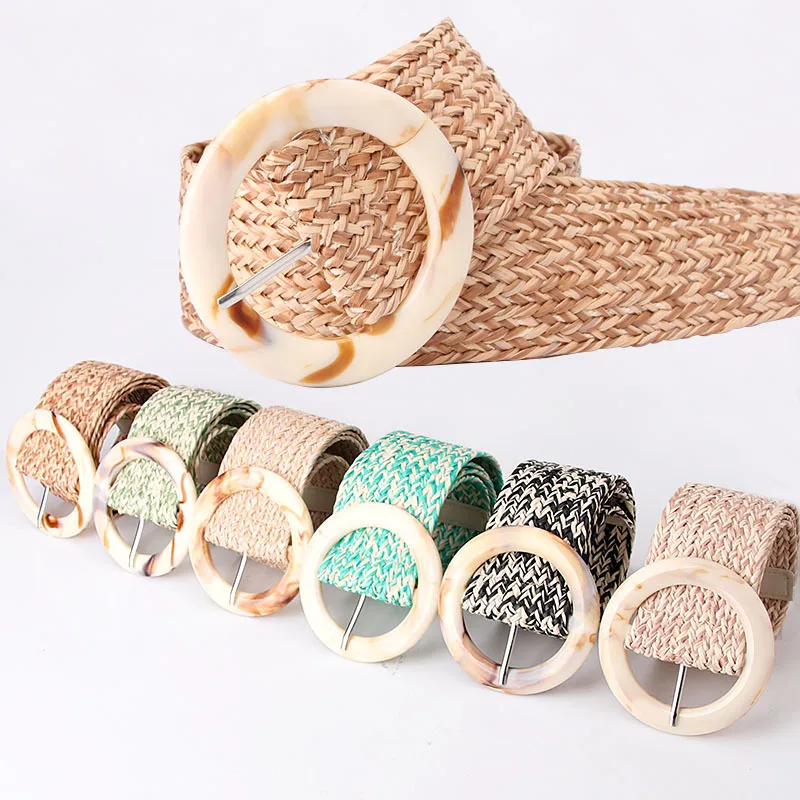 

2022 Hot Sale Grass Woven Women Belt Dress Jeans Fried Street Decoration waistband Fashion Resin Buckle Belt for Women Wholesale