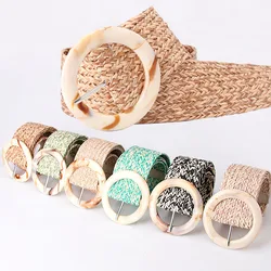 2022 Hot Sale Grass Woven Women Belt Dress Jeans Fried Street Decoration waistband Fashion Resin Buckle Belt for Women Wholesale