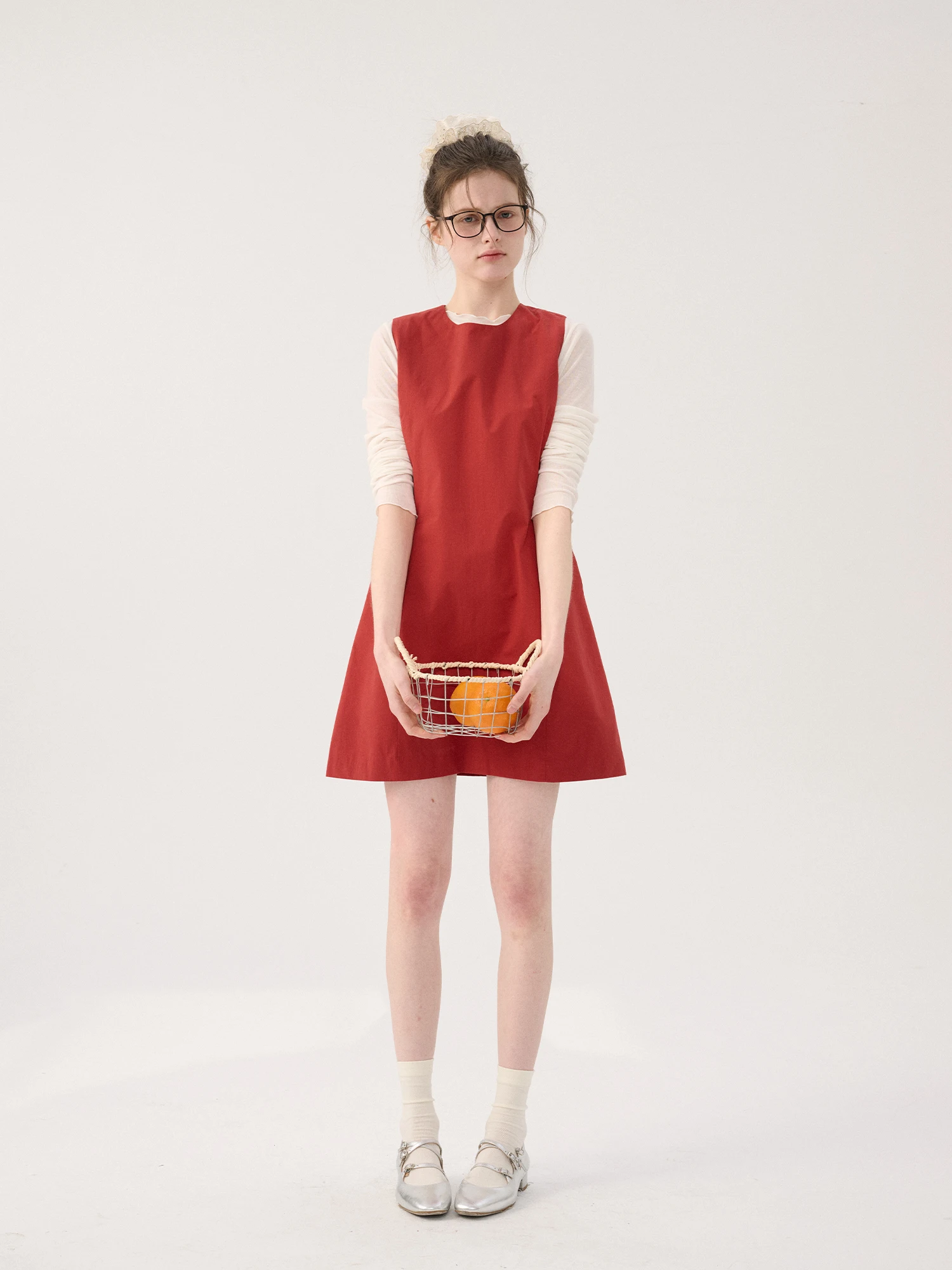 

Sullenger Red Svel round Ne Vest Dr Women's Spring Summer High-End Simple Sle A-Line Skirt French Sle Cotton