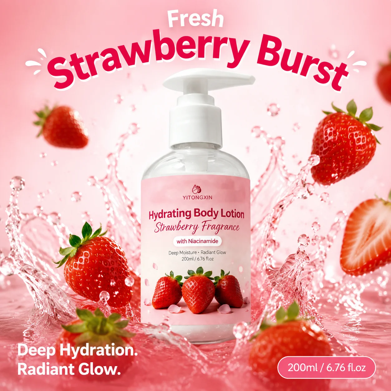 Deep Hydration Body Lotion Strawberry Scent with Niacinamide Radiant Glow Daily Moisturizer for Women 200ml