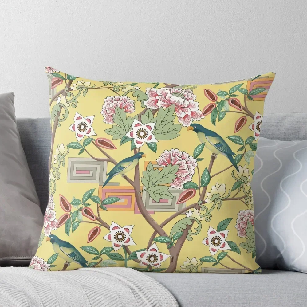 Parrots and Peonies Chinoiserie on Butter Yellow Throw Pillow christmas cushions covers autumn decoration pillow