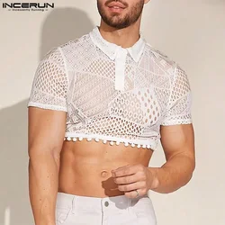 INCERUN Men Shirt Lace Transparent Sexy Lapel Short Sleeve Crop Tops Streetwear Summer 2024 Party Fashion Unisex Shirts S-3XL