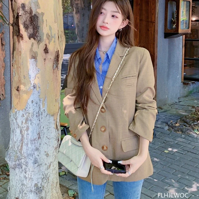 

Jackets Blazers New 2024 Autumn Winter Women Loose Outerwear Casual Japan Girls Solid Button Retro Vintage Long Blazer Coats