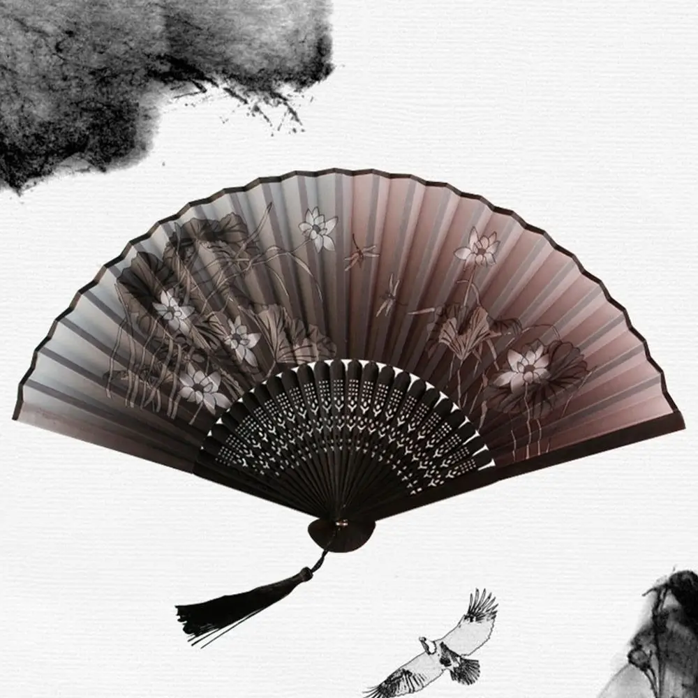 Éventail pliant chinois et japonais en soie, avec pompon coloré, élégant, pour femme, style vintage, en bambou